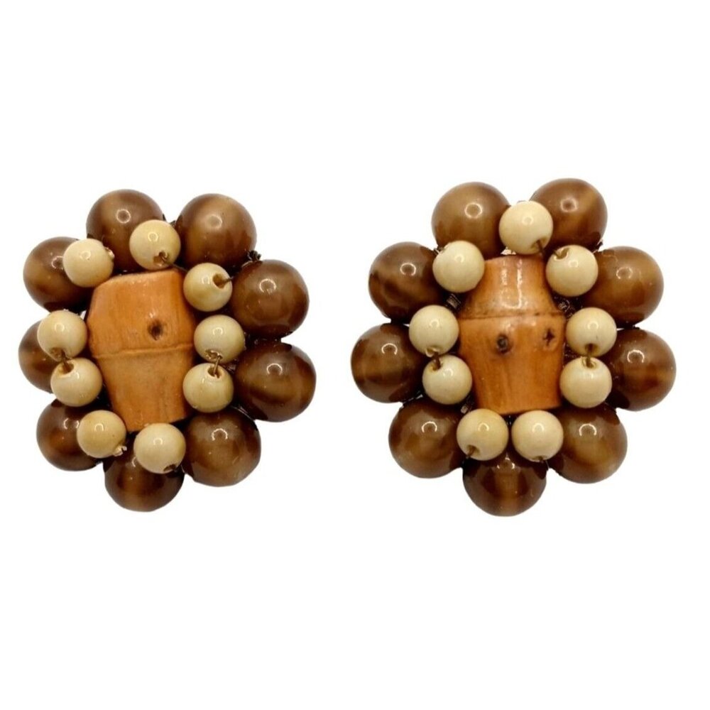 Vintage Boho Bead Earrings Clip on Tigers Eye Wood Japan 1950s Tan Lightweight